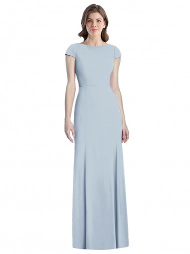 Cheap Light Sky Blue Bateau Neck Cap Sleeves Open Back Long Semi Formal Evening Dress UK