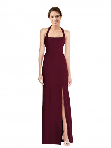 Cheap Burgundy Gold Halter Neck Sleeveless Open Back Long Semi Formal Evening Dress UK