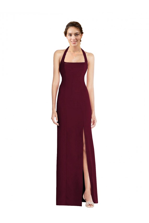 Purcahse  Burgundy Gold Halter Neck Sleeveless Open Back Long Semi Formal Evening Dress UK