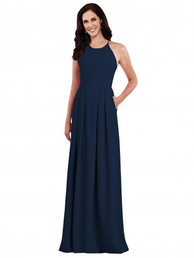 Cheap Dark Navy Halter Neck Sleeveless Criss Cross Open Back Long Semi Formal Evening Dress UK