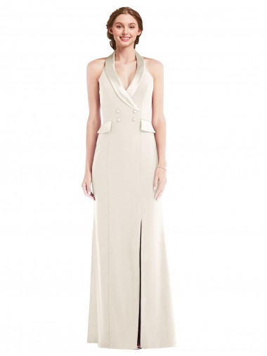 Cheap Ivory Halter Neck Sleeveless Low Back Long Semi Formal Evening Dress UK