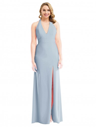 Cheap Light Sky Blue Halter Neck Sleeveless Open Back Long Semi Formal Evening Dress UK