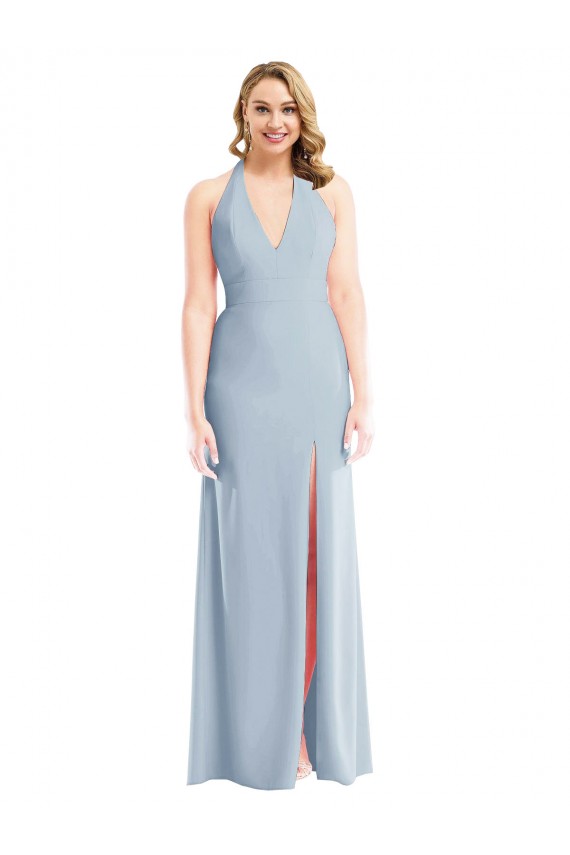 Purcahse  Light Sky Blue Halter Neck Sleeveless Open Back Long Semi Formal Evening Dress UK