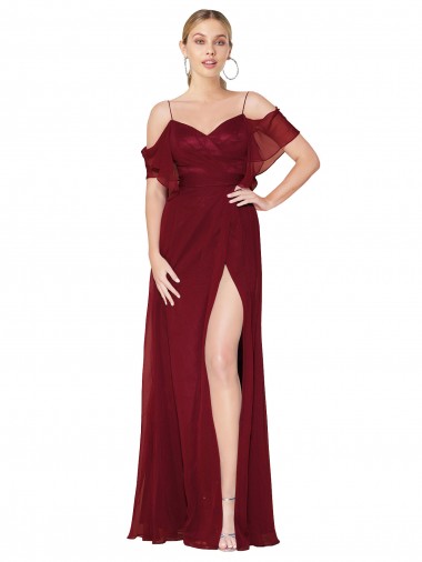 Cheap Burgundy High Neck Cold Shoulder V-Back Long Evening Dress UK