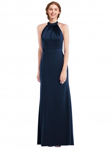 Cheap Dark Navy High Neck Sleeveless Open Back Long Semi Formal Evening Dress UK