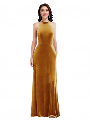 Cheap Gold High Neck Sleeveless Keyhole Back Long Maxi Evening Dress UK