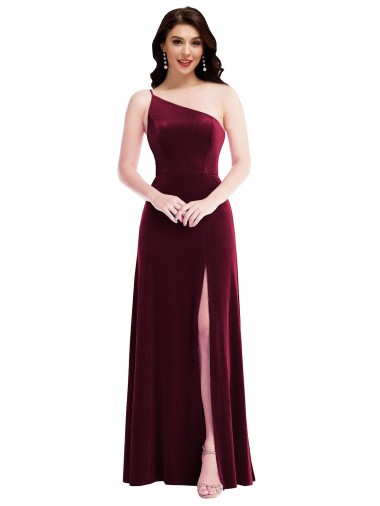 Cheap Burgundy One Shoulder Sleeveless Stretch Velvet Long Maxi Evening Dress UK