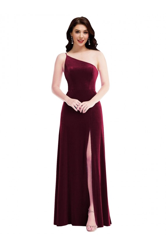 Purcahse  Burgundy One Shoulder Sleeveless Stretch Velvet Long Maxi Evening Dress UK