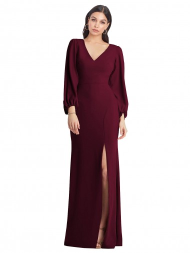 Cheap Burgundy Gold V-Neck Puff Sleeves Long Semi Formal Evening Dress UK