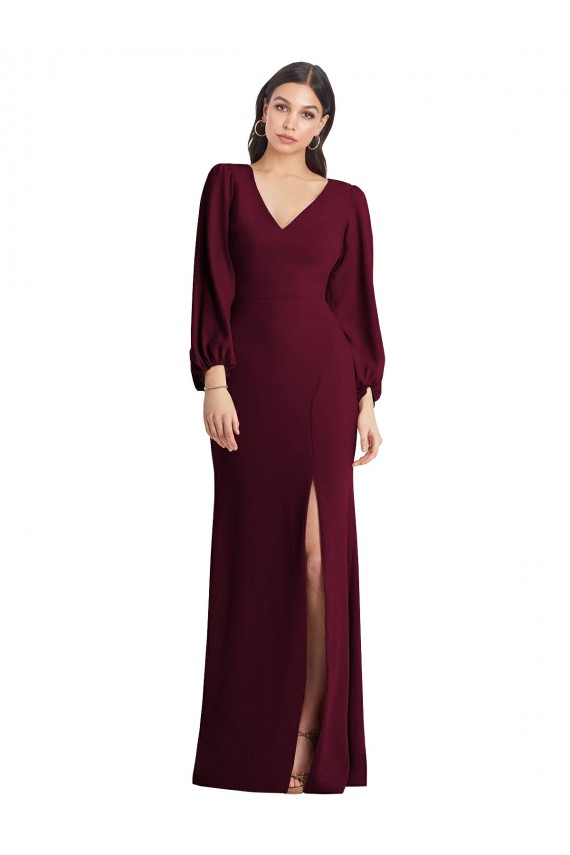 Purcahse  Burgundy Gold V-Neck Puff Sleeves Long Semi Formal Evening Dress UK