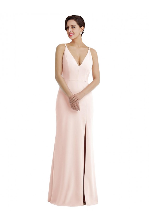 Purcahse  Pink V-Neck Sleeveless V-Back Stretch Crepe Long Evening Dress UK